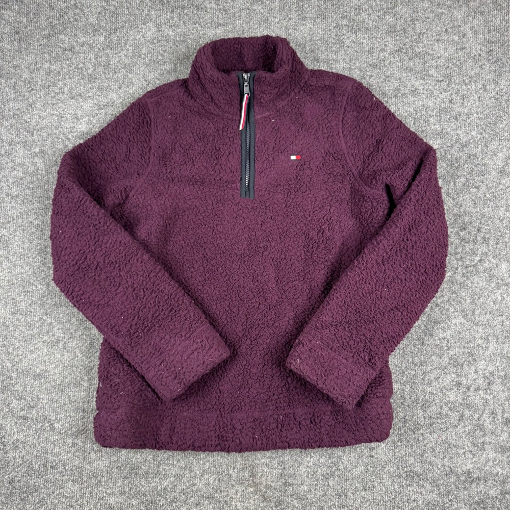 Tommy Hilfiger Pullover Womens Size XS Burgundy Sherpa Fleece Quarter Zip Cozy